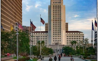 Like Cinderella and her mouse attendants, she races toward City Hall … (Downtown LA – November 2018)